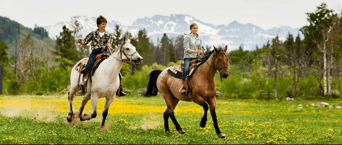 Confident plus-size woman riding Southam a horse through a field with a smile on her face.